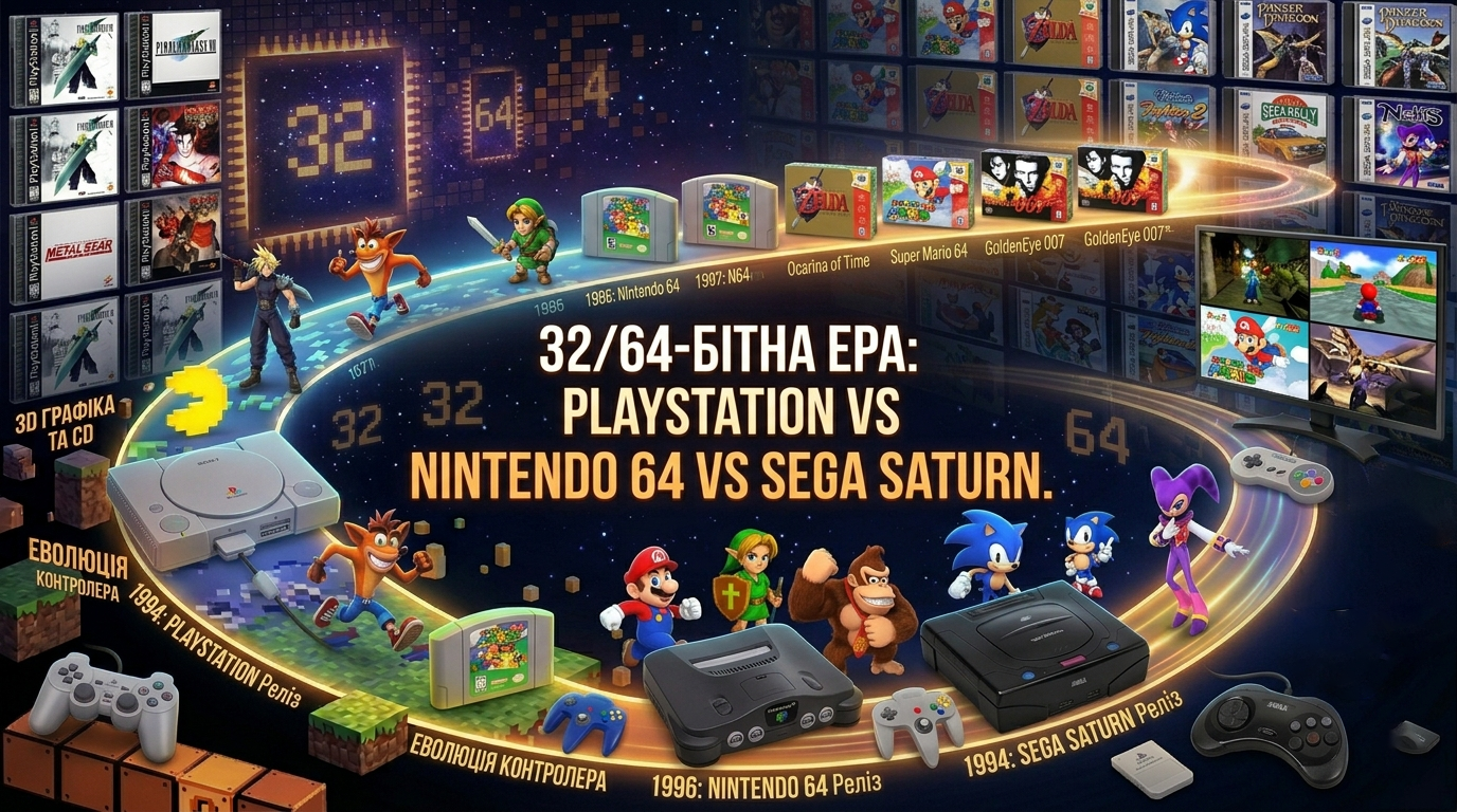 🎮 32/64-бітна ера: PlayStation vs Nintendo 64 vs Sega Saturn.