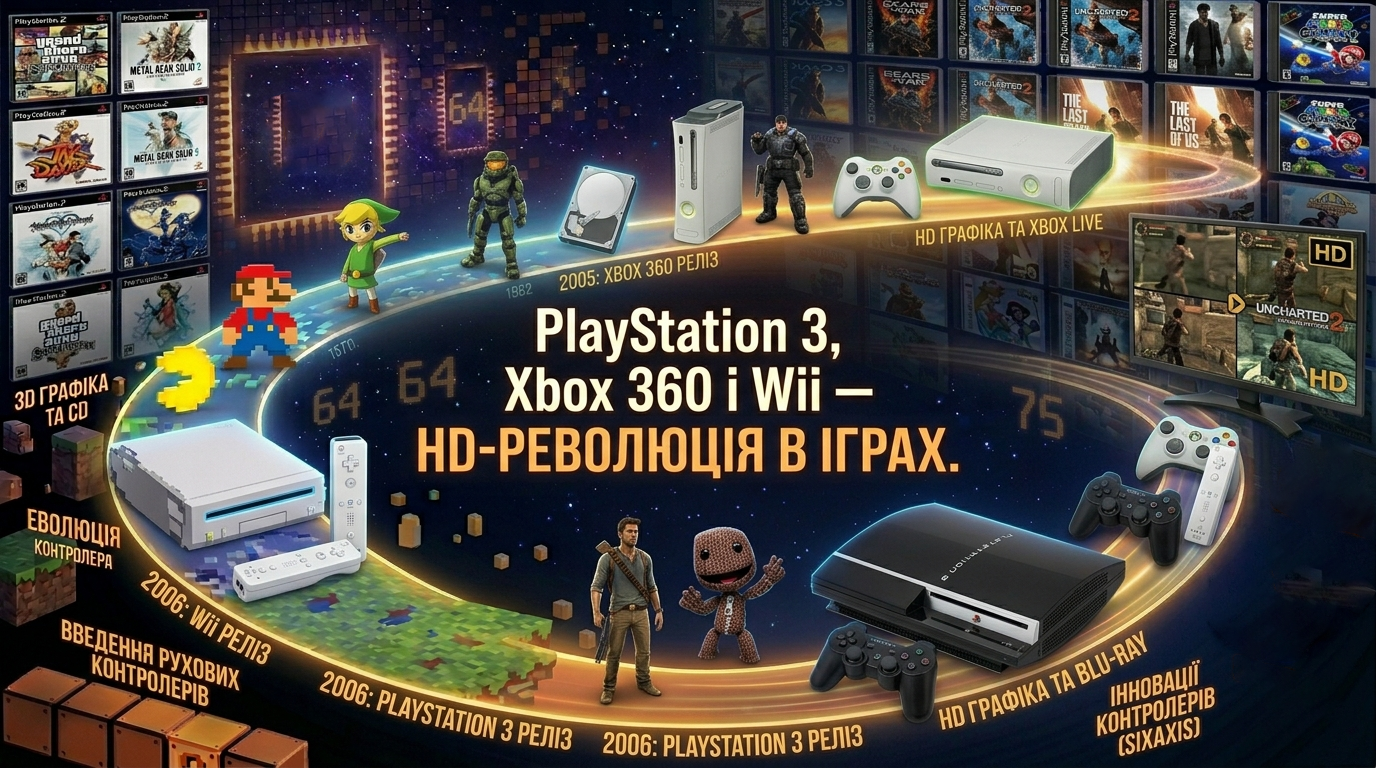 🎮 PlayStation 3, Xbox 360 і Wii — HD-революція в іграх.