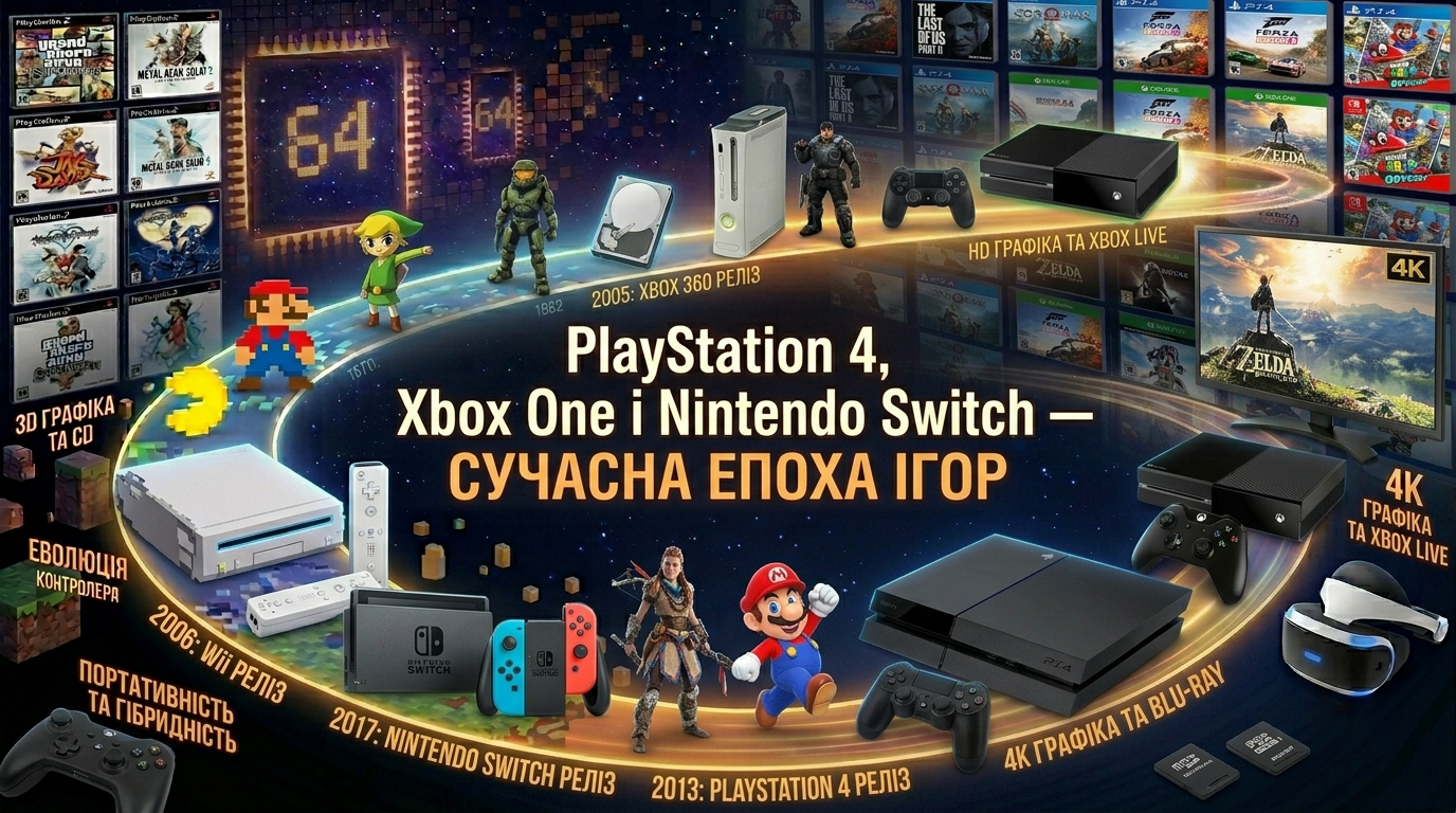 🎮 PlayStation 4, Xbox One і Nintendo Switch — сучасна епоха ігор.